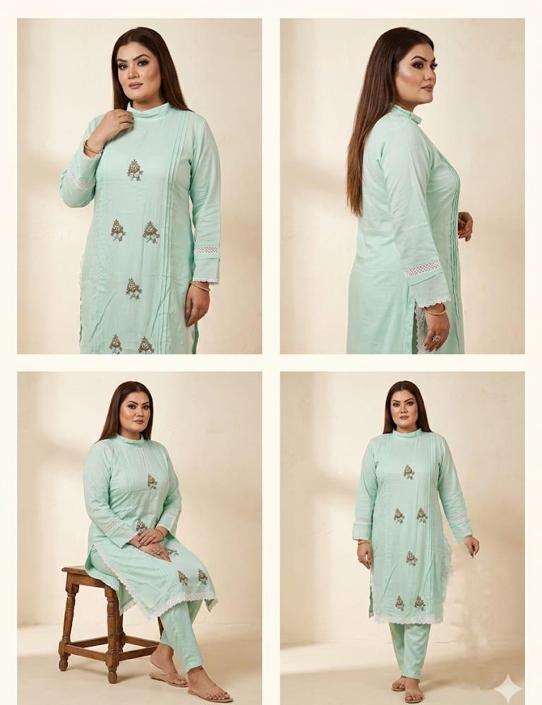Elegant Pastel Green Floral Embroidered Kurti Set(Georgette)