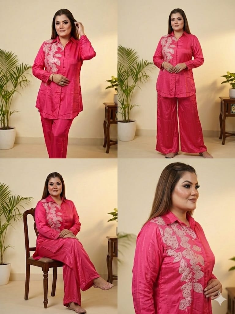 Elegant Pink Embroidered Shirt & Palazzo Cord Set (Silk)