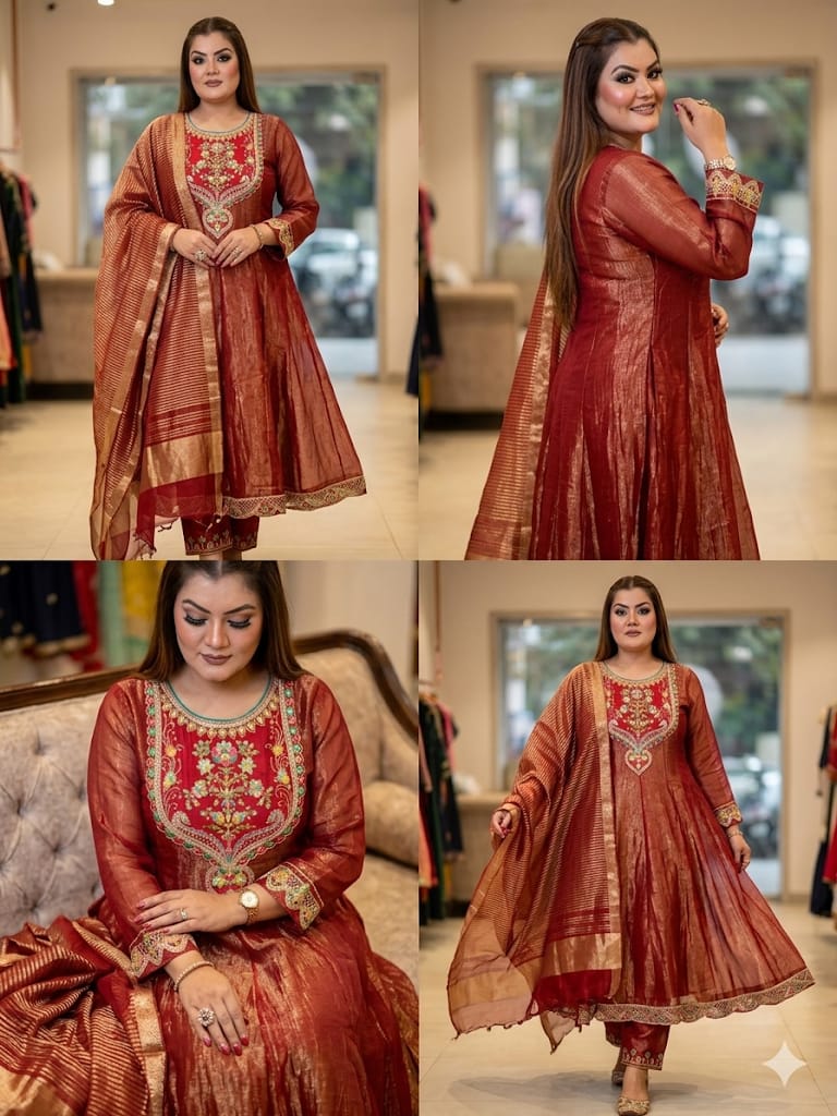 Maroon Embroidered Anarkali Set (Chanderi Cotton)