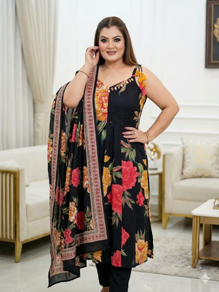 Elegant Black Floral Printed Anarkali Kurta Set (Cotton)