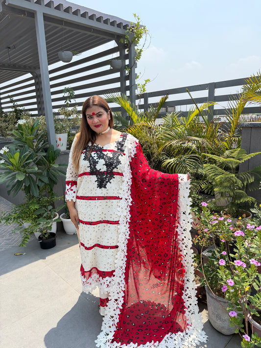 Avani (Hakoba Chikan Cotton Suit With Red Tiger Print Detailing)