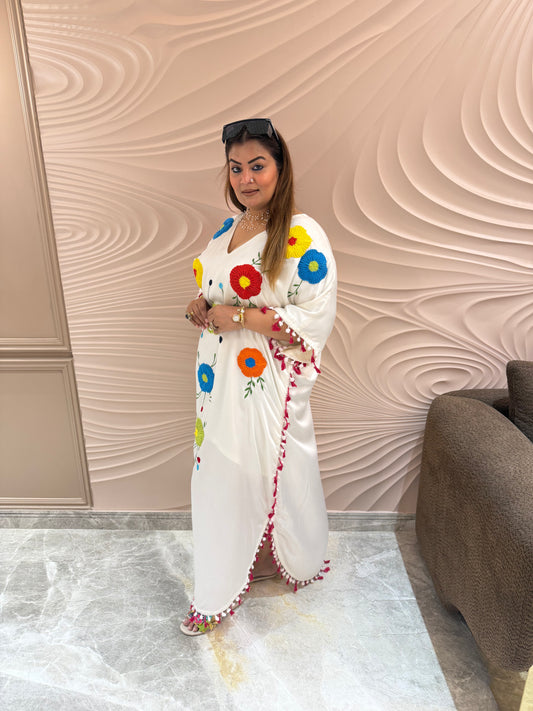 Beautiful Pure Glace Cotton Kaftan With Thread Embroidered
