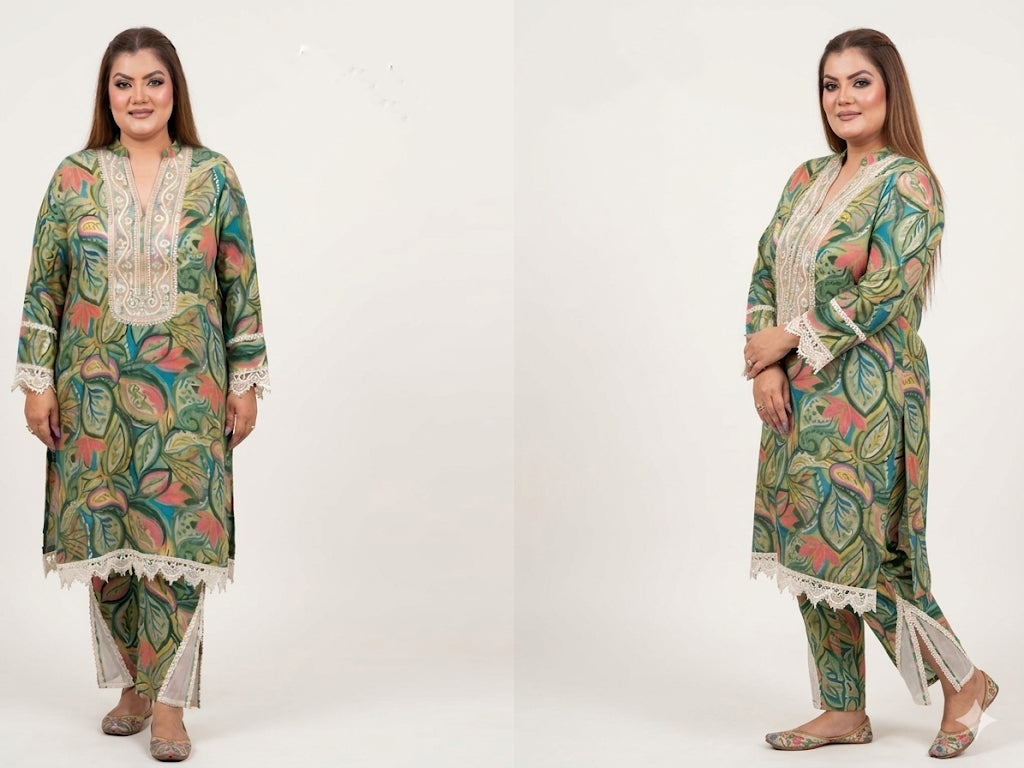 Floral Oasis Suit Set with Designer Scalloped Lace (Cotton)