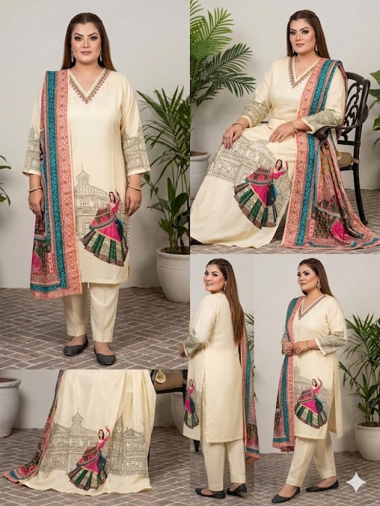 Printed Suit Set With Embroidered Neckline (Crepe)