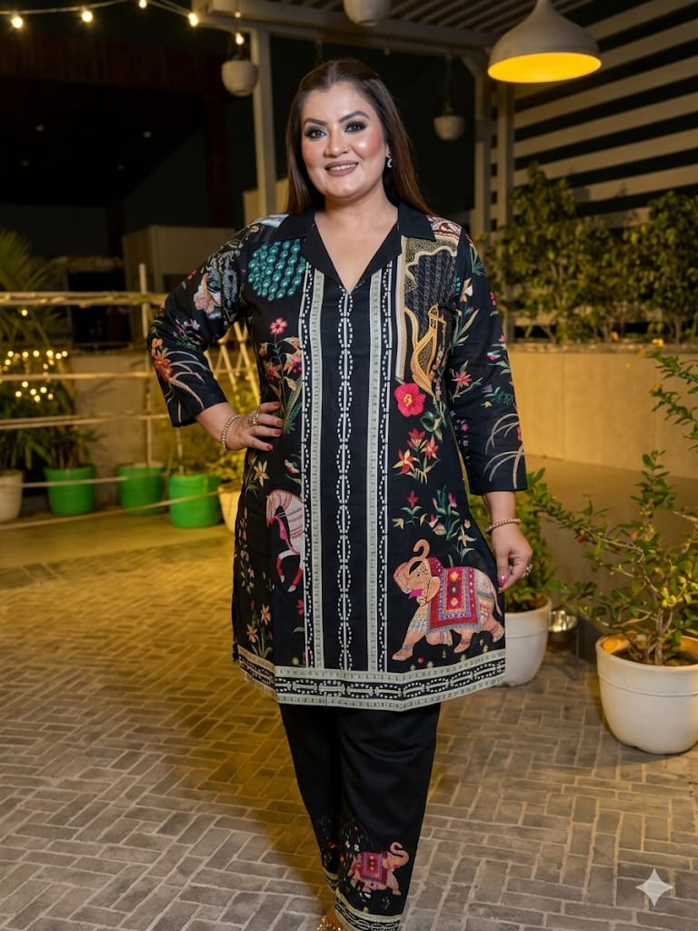 Premium Black Printed Kurta Set Elephant Printed (Cotton)