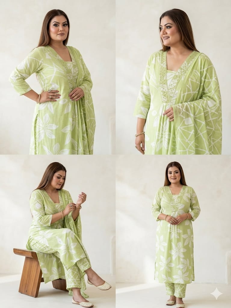 Lime Floral Radiance Suit Set (Cotton)