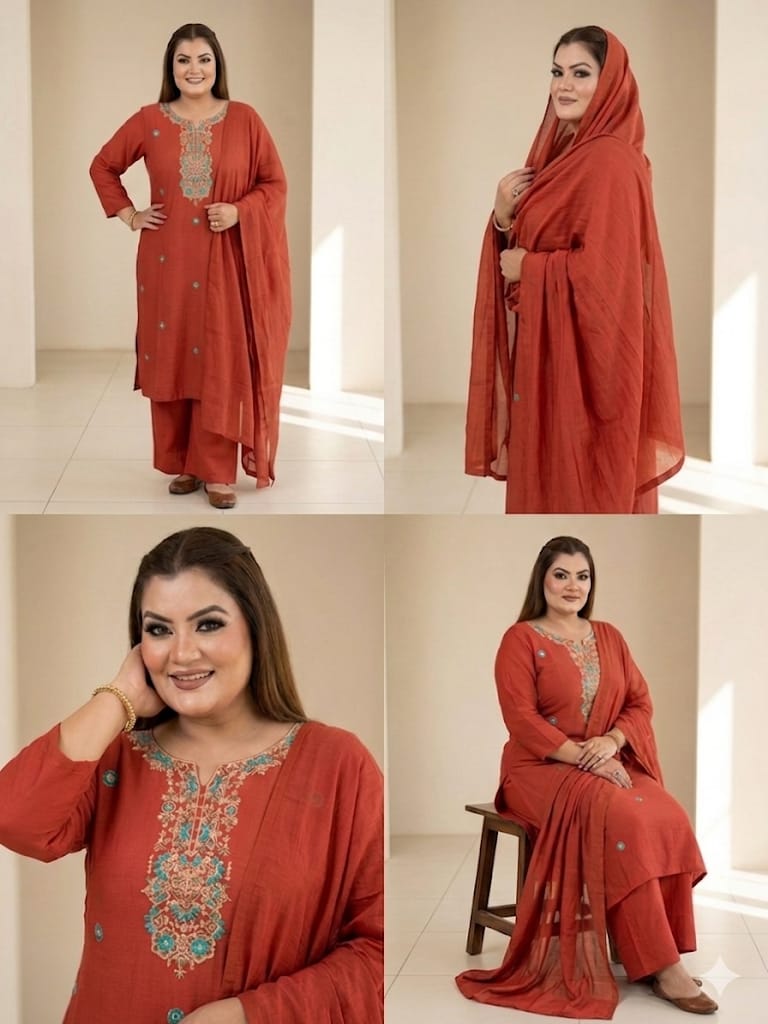 Elegant Rust Embroidered Suit Set (Cotton)