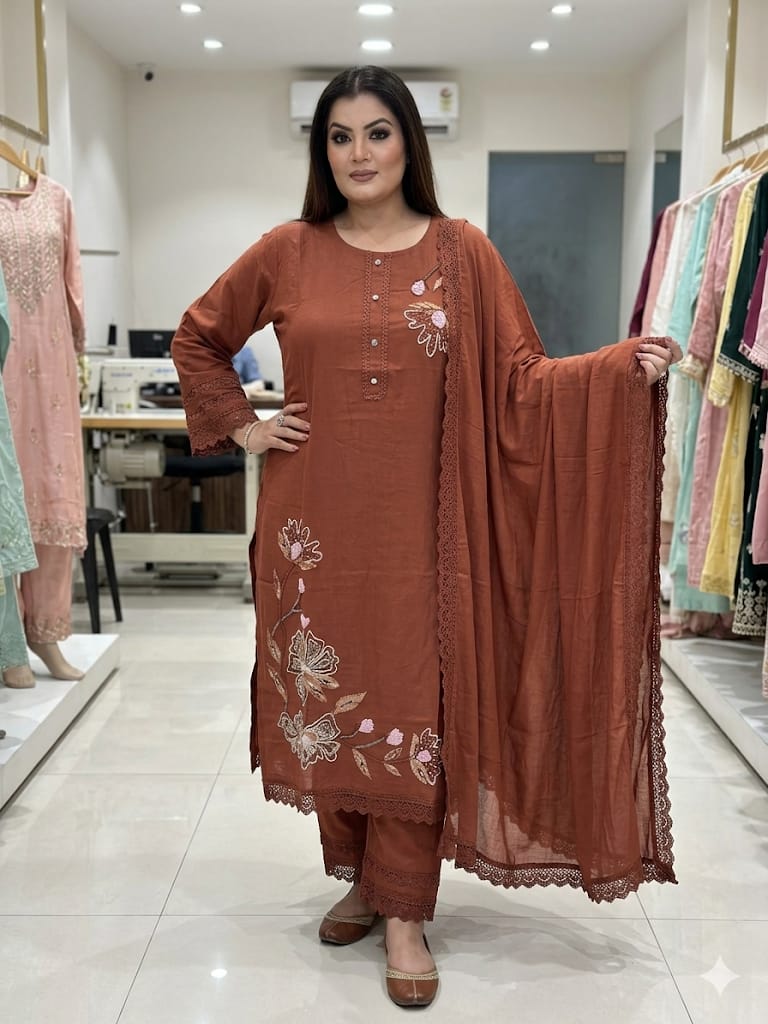 Traditional Rust Floral Embroidered Suit Set (Cotton)