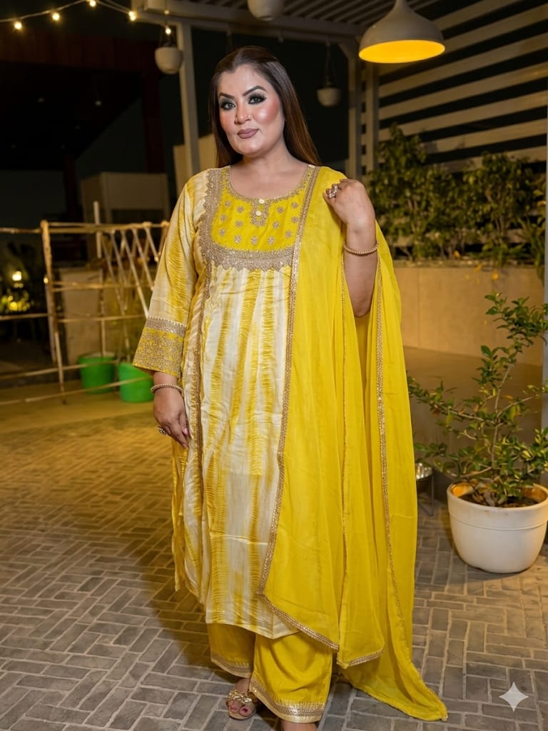 Radiant Yellow Tie- Dye Anarkali Suit Set (Crepe)