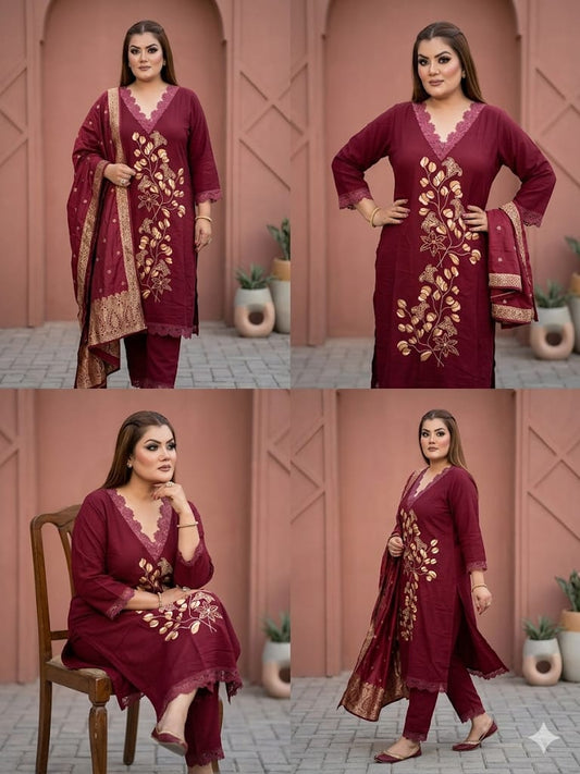Floral Embroidered Kurta Pant Set (Cotton)