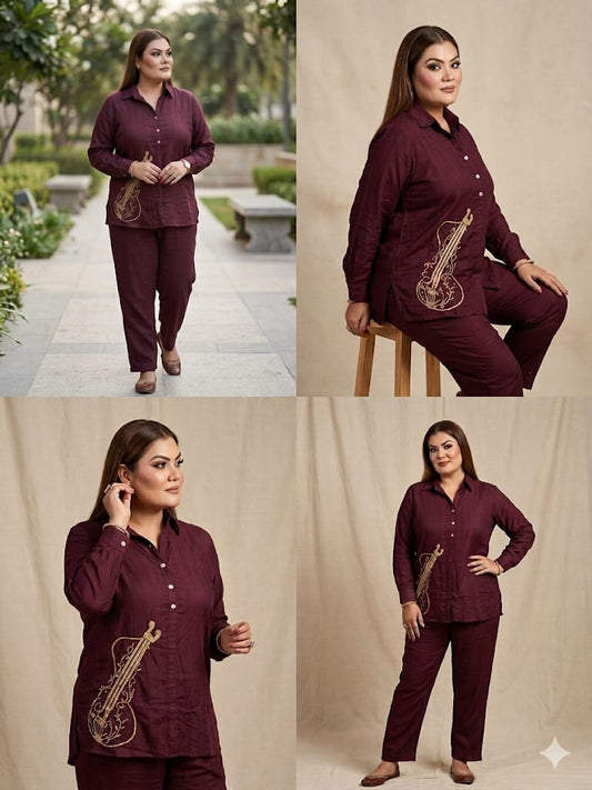 Elegant Wine Embroidered Cord Set (Cotton)