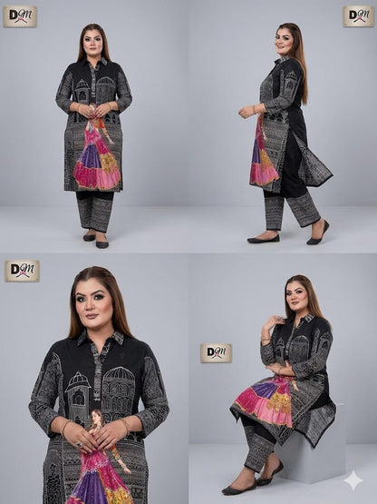 Lady Black Printed Two Piece Coat Set Casual Wear (Cotton)