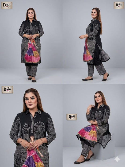 Lady Black Printed Two Piece Coat Set Casual Wear (Cotton)