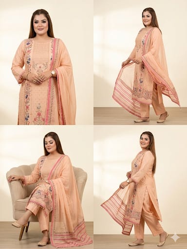 Soft Peach Floral Grace kurta Pant Dupatta Set (Crepe)