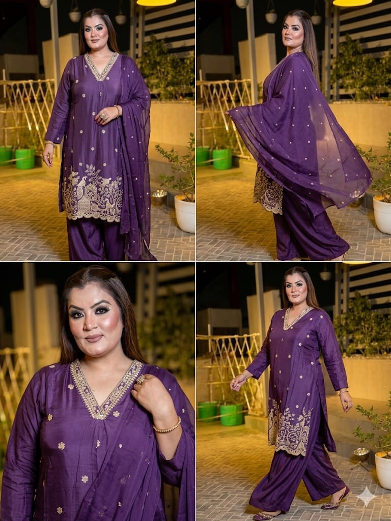 Purple Zari-Work Suit Set (Crepe)