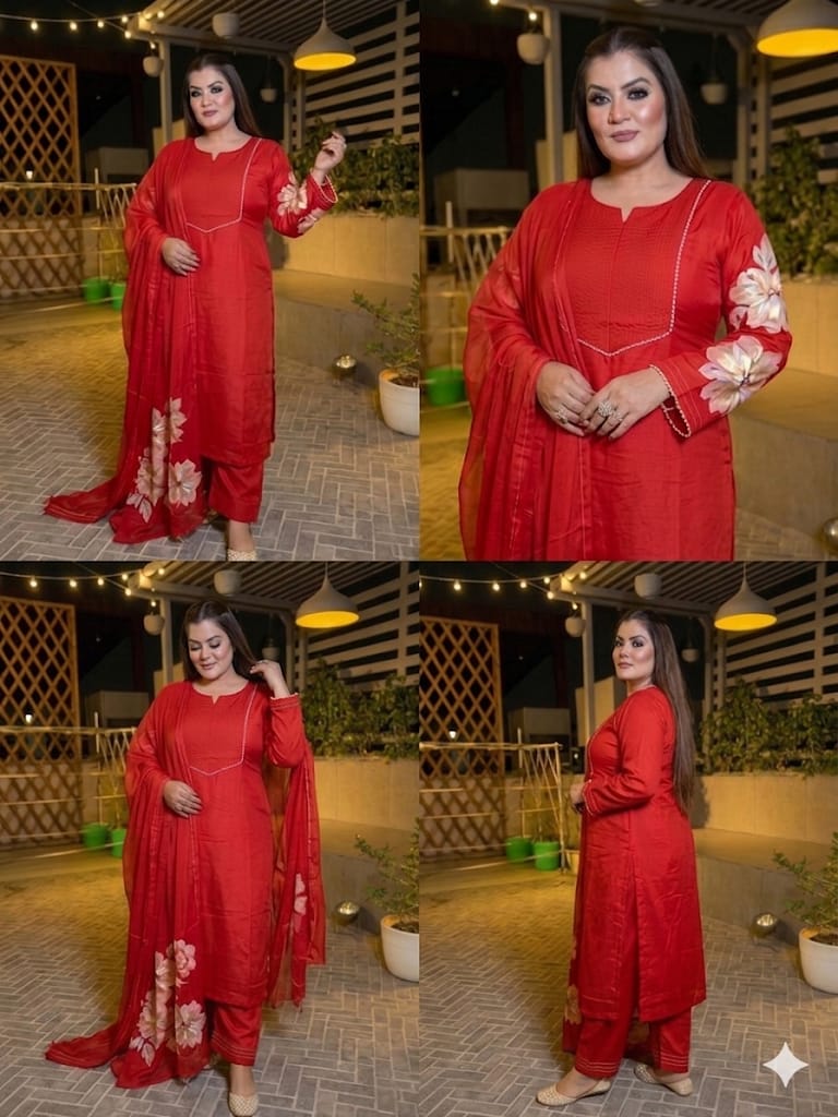 Hot Pink With Floral Hand Printed Suit Set (chanderi Cotton)