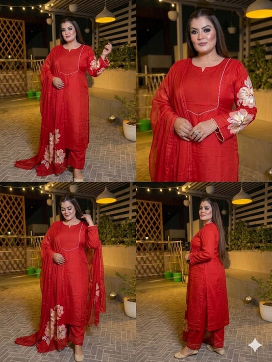 Hot Pink With Floral Hand Printed Suit Set (chanderi Cotton)