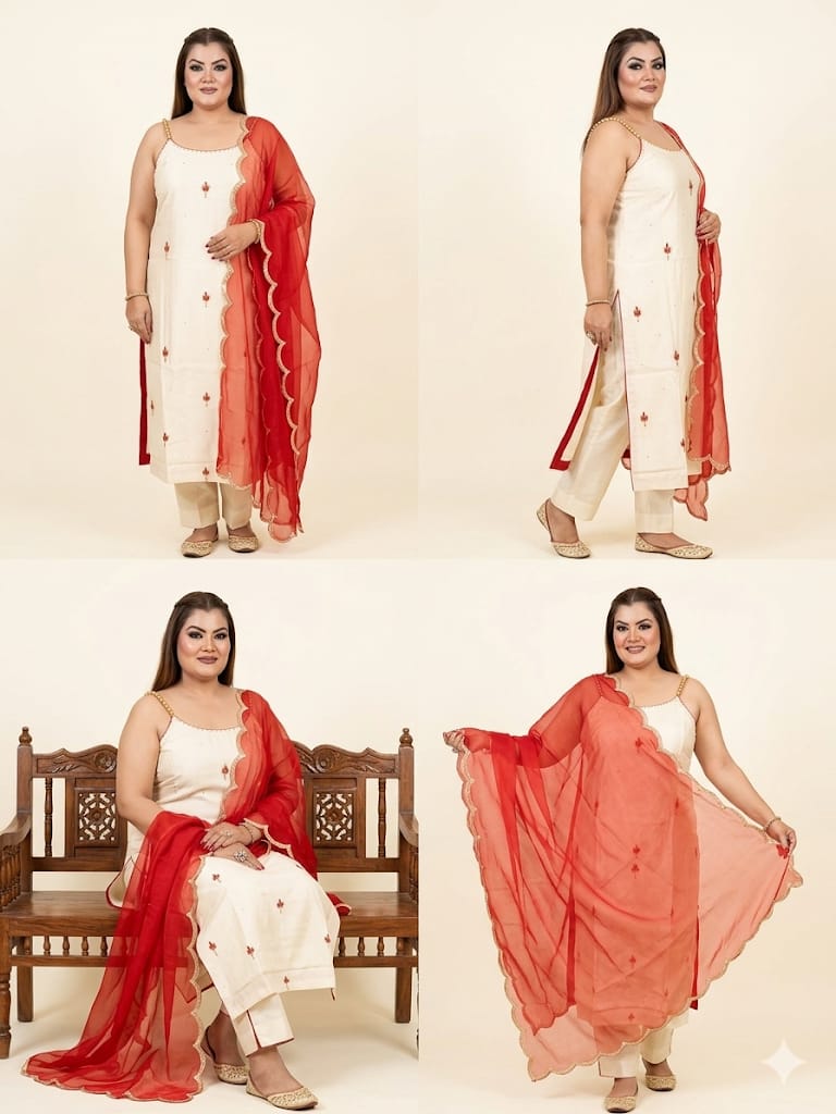 Embroidered Kurta Set With Gold Bead Straps (Chanderi Cotton)