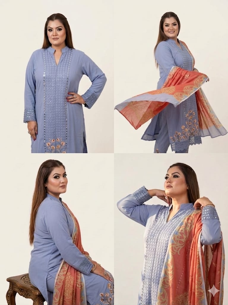 Embroidered Suit Set With Digital Printed Dupatta (Cotton)