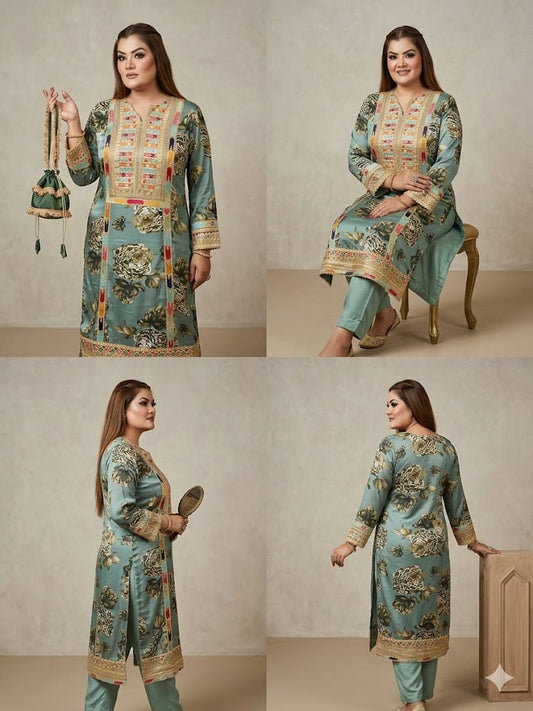 Embroidered Kurta & Trousers With Potli (Crepe)