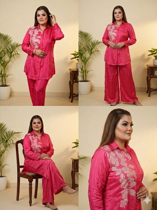 Elegant Pink Embroidered Shirt & Palazzo Cord Set (Silk)
