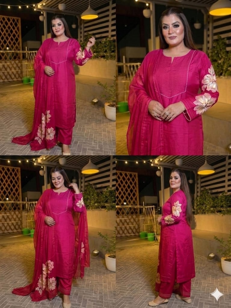 Hot Pink With Floral Hand Printed Suit Set (chanderi Cotton)