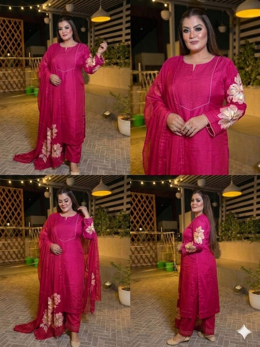 Hot Pink With Floral Hand Printed Suit Set (chanderi Cotton)