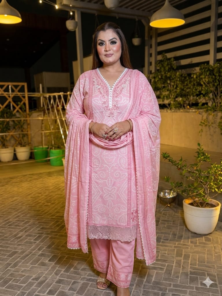 Hand-Block Bandhni Printed Kurta Set (Cotton)