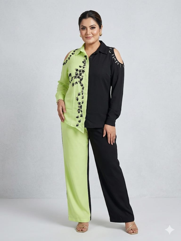 Dual Tone Lime & Black Sequin Cord Set (Crepe)