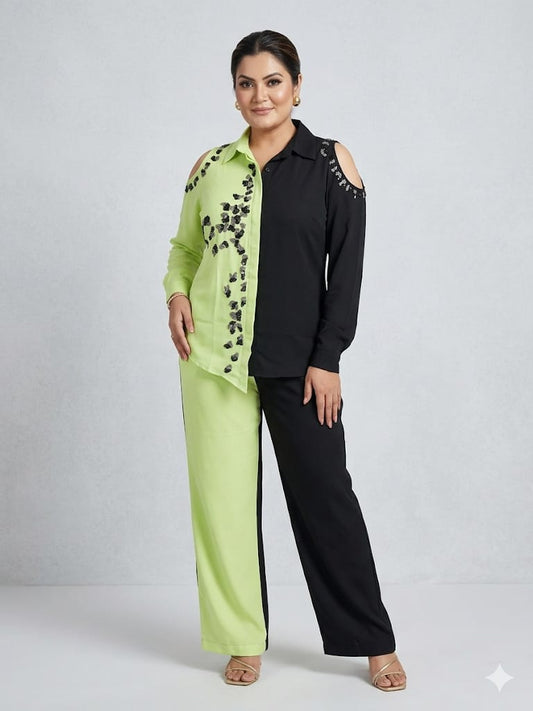 Dual Tone Lime & Black Sequin Cord Set (Crepe)