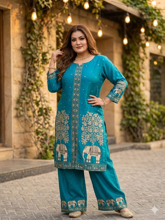 Royal Teal Blue Cord Set Front Slit Kurta Set (Crepe)