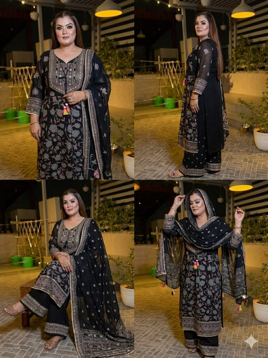 Midnight Bloom embroidered Anarkali Set with Elegant Dupatta (Georgette)