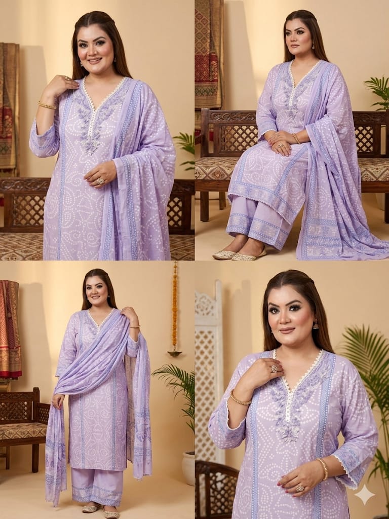 Lavender Bloom Hand-Block Bandhni Kurta Set (Cotton)
