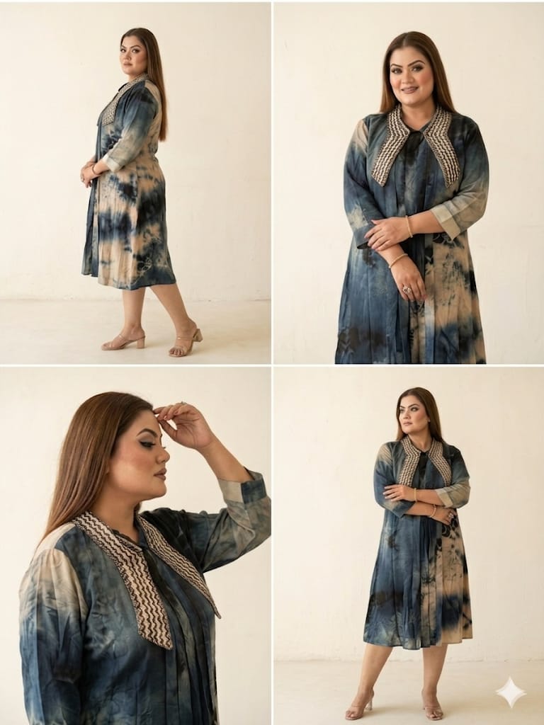 Cerulean Mist Shibori Tunic With Embellished Statement Collar (Chinnon)
