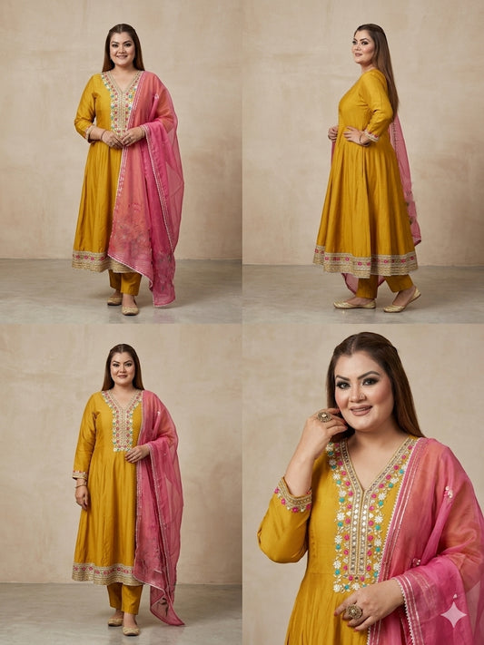 Anarkali Suit Set With Embroidered Work (Cotton)
