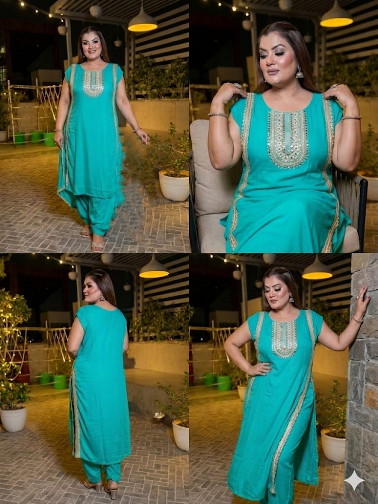 Turquoise Mirror Work Front Slit Suit Set (Georgette)