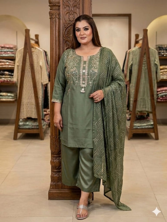Classic Olive Charm Ethnic kurta Set With Dupatta (Crepe)