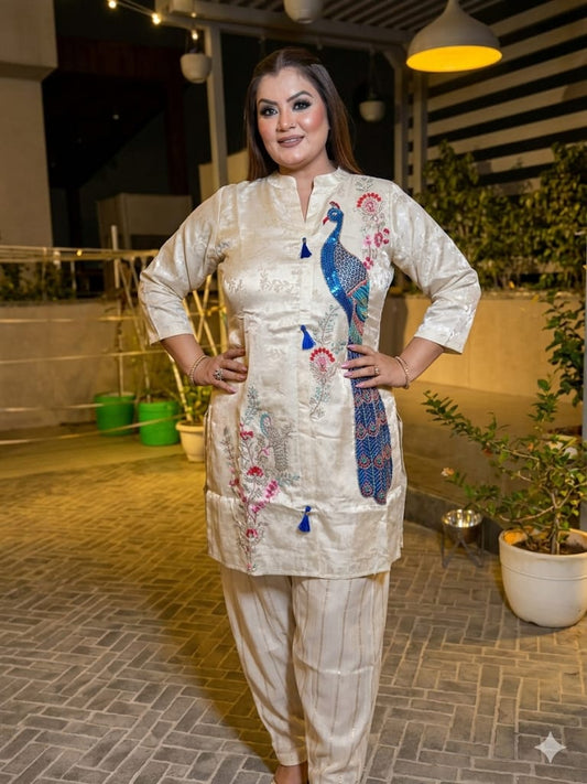 Ethnic Kurta Set With Peacock Embroidery Work (Glass Tissue)