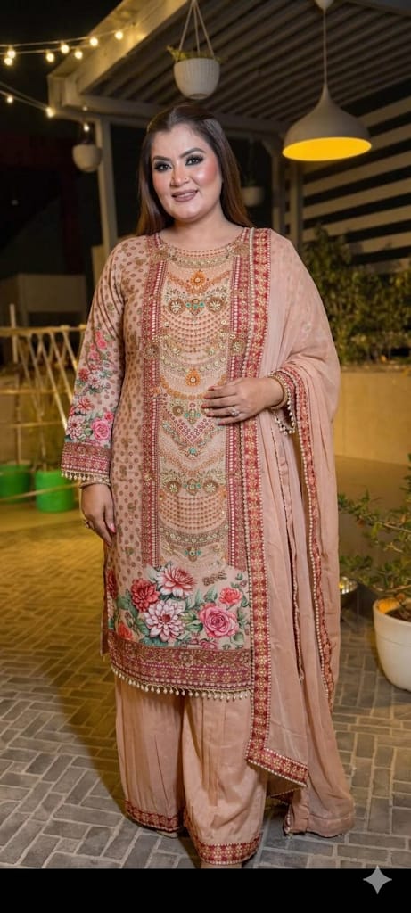 The Peach Petal Hand Embroidered Suit Set (Crepe)