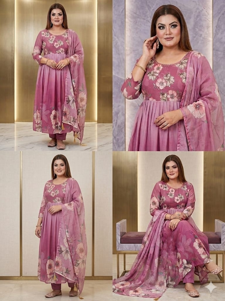 Hand Embroidered Anarkali  Suit Set With Floral Printed (Georgette)