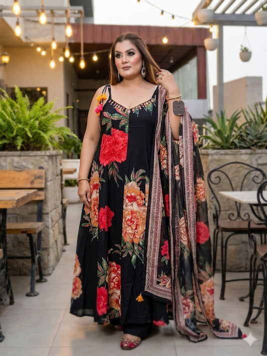 Elegant Black Floral Printed Anarkali Kurta Set (Cotton)