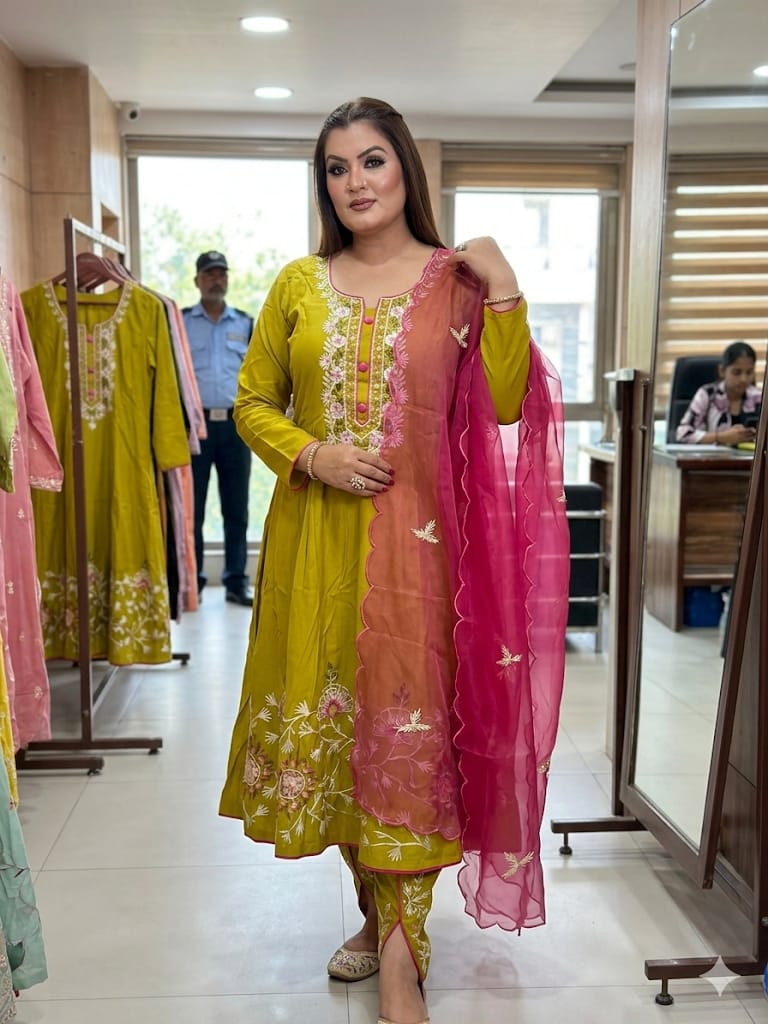 Floral Embroidered Anarkali With Tulip Pant (Cotton)