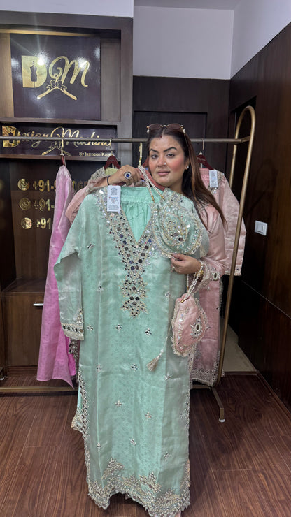 Elegant Brocade Phiran with Pant & Potli