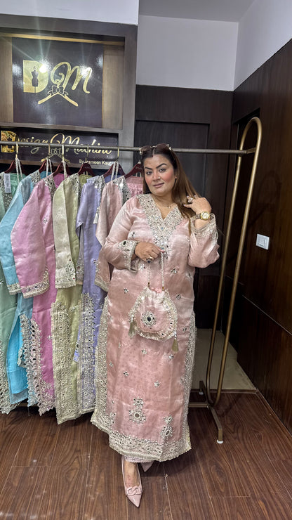 Elegant Brocade Phiran with Pant & Potli