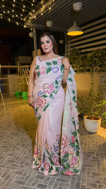 Zevaya (Soft Glass Tissue Fabric Handprint Saree)