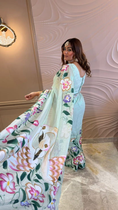 Zevaya (Soft Glass Tissue Fabric Handprint Saree)