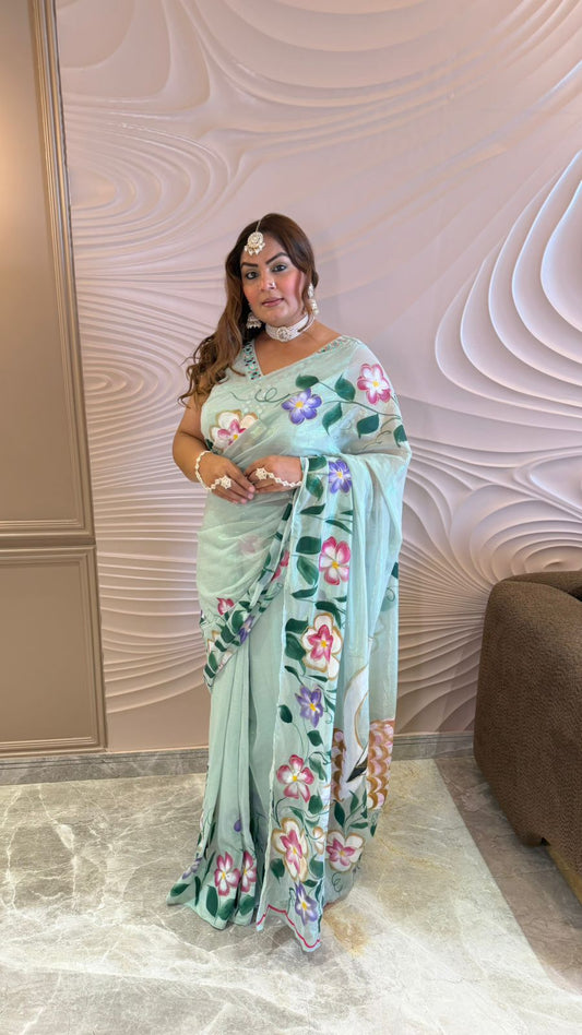 Zevaya (Soft Glass Tissue Fabric Handprint Saree)