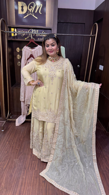 Nyvoria (Pure Chinnon Crepe Sharara Suit with Glass Tissue Dupatta)