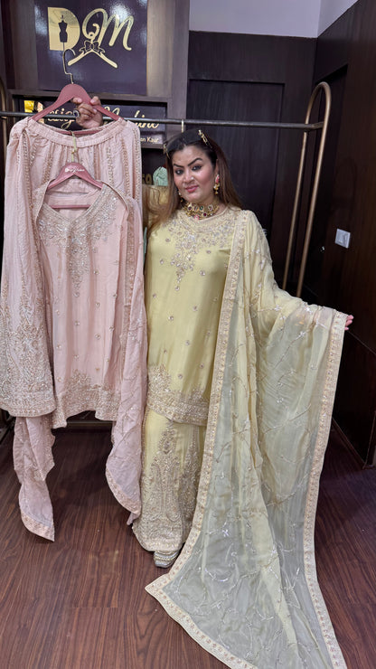 Nyvoria (Pure Chinnon Crepe Sharara Suit with Glass Tissue Dupatta)