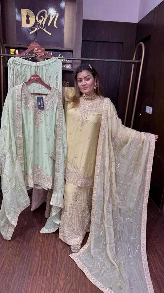 Nyvoria (Pure Chinnon Crepe Sharara Suit with Glass Tissue Dupatta)